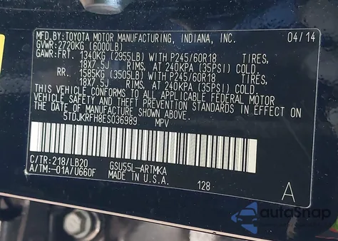 2014 Toyota Highlander Xle V6 from USA, damaged, VIN 5TDJKRFH8ES036989